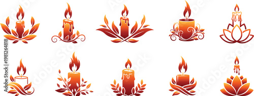 Stylized candle black silhouette collection with a flame, stylized candles  sharp, clean lines delicate, curved leaves, remembrance, or peace vector art.