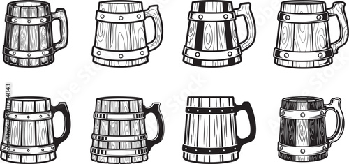 Wooden beer mug silhouette collection,  various styles, wooden craft beer Oktoberfest mug  vector art.