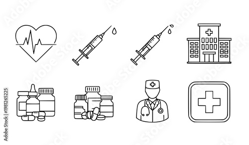 Medical Icon Set – Heart, Syringe, Hospital, Medicine, Doctor, First Aid – Minimal Outline Black and White Vector