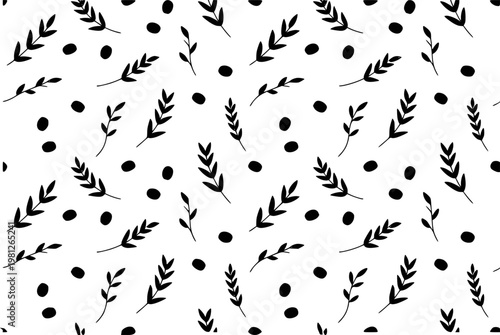 Black branch and oval pattern white background, minimalist botanical