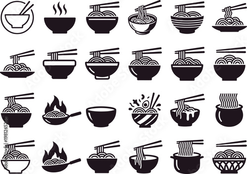 Asian food icon set, noodle soup ramen bowl silhouettes with chopsticks wok and cooking elements, black vector restaurant menu icons for street food delivery app and cuisine branding design