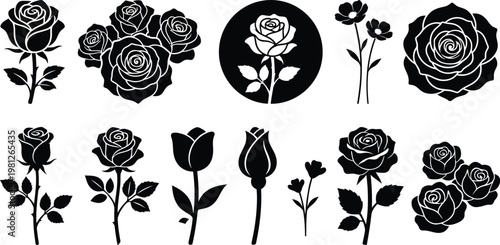 Rose flower silhouette vector set, black floral botanical icons with blooming roses buds stems and leaves, elegant romantic clipart for wedding invitation tattoo logo and packaging design