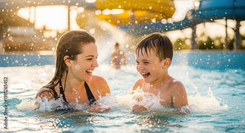 happy mother and son playing in water park pool