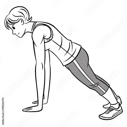 A woman doing a push up on a with her body in a straight line from head to heels