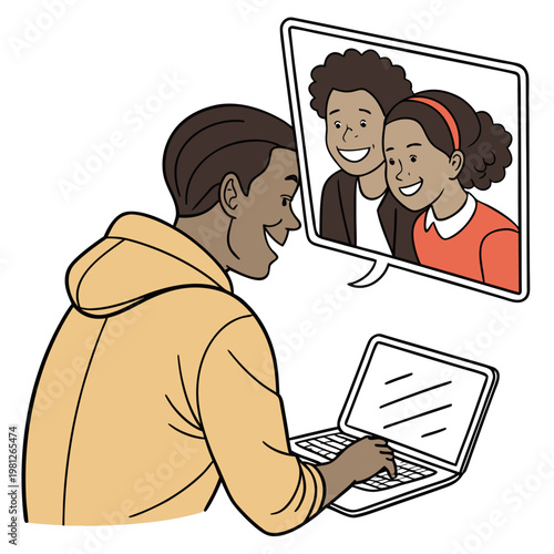 A cartoon man video chatting with two people on his laptop
