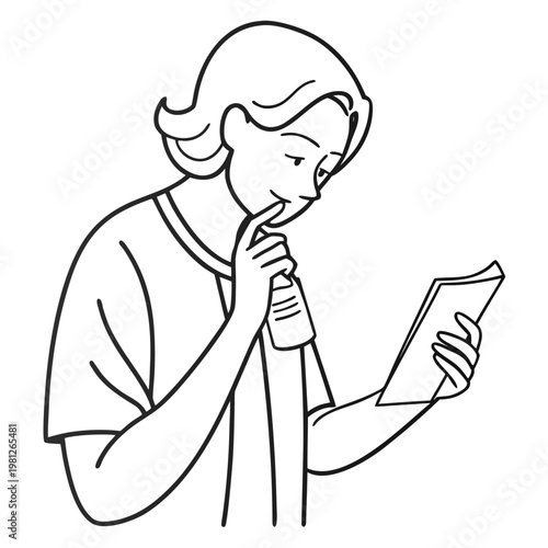 A thoughtful woman with short hair holds a microphone and reads from a paper with a pensive expression on her face