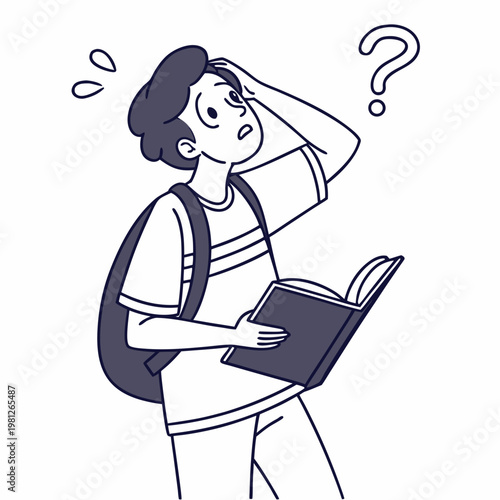 Confused student with backpack holding book and scratching head in puzzlement
