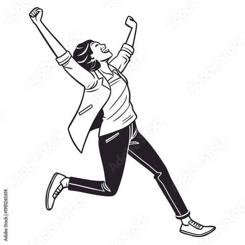 A woman jumping in the air with her arms raised in excitement and joy