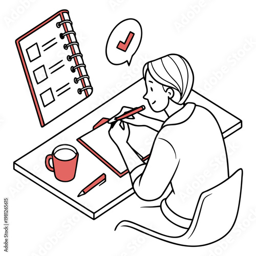 A woman sitting at a desk with a notebook and pencil, checking off a todo list