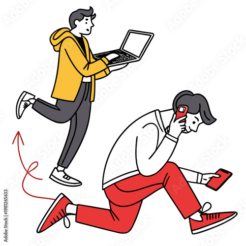 Two young adults using technology while on the move with a laptop and smartphone in a colorful illustration