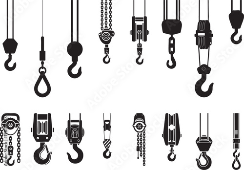 Lifting and rigging tools silhouette collection, industrial lifting, crane hook different silhouettes vector art.