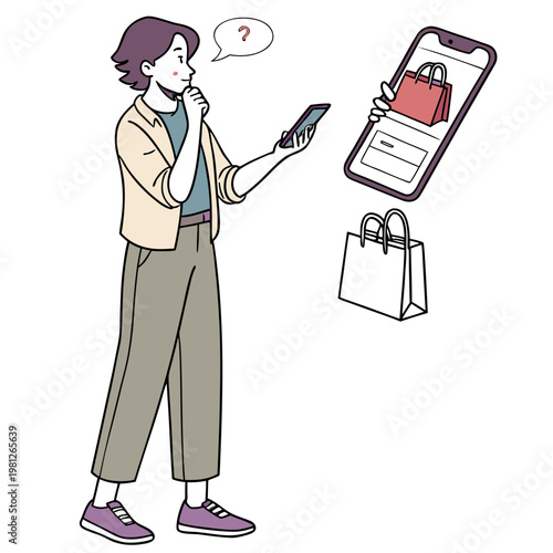 A cartoon illustration of a person holding a smartphone with a question mark above their head looking at a phone with a shopping bag on the screen and another shopping bag floating next to them