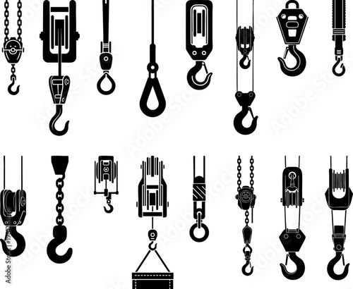 Lifting and rigging tools silhouette collection, Industrial construction and build them industrial lifting, crane hook different silhouettes vector art.