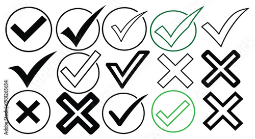 Art & A collection of check marks, crosses, and symbols in various shapes and colours Illustration vector