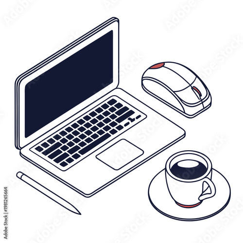 Vector illustration of a laptop computer with a mouse, coffee cup, and stylus on a for office or workspace concepts