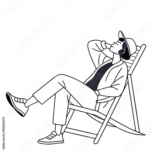 A person relaxing in a deck chair with their legs crossed and hands behind their head