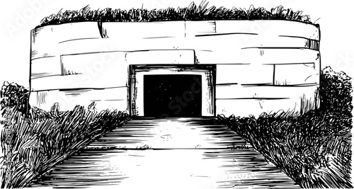 Hand drawn of circular stone building entrance surrounded by lush greenery architecture