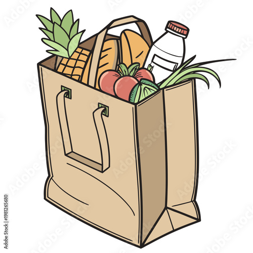 Cartoon illustration of a brown paper bag filled with various grocery items including pineapple bread tomatoes cucumber milk and green onions
