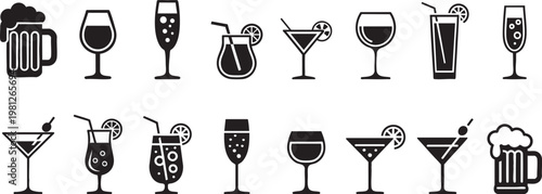 Various cocktails drinks vector icons collection, cocktails glasses vector art.