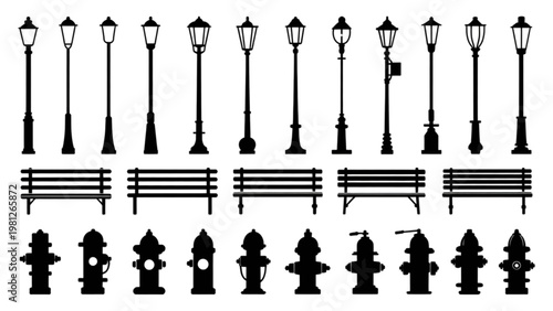Vintage street lamp and bench icons in a monochromatic design style Vector