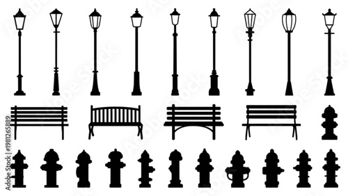 Vintage street scene featuring lampposts, benches, and fire hydrants in black and white Vector