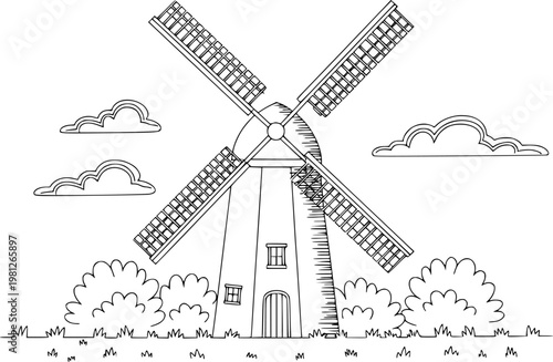 Simple line of a traditional windmill with clouds and greenery white background classic