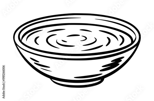 Simple black and white line of a bowl of soup with swirling liquid white background