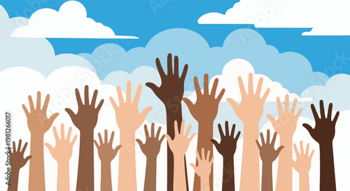Diverse hands raised against a sky with clouds, representing unity and equality