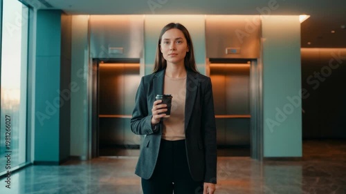 Before The Ascent Quiet Coffee Moment Teal And Orange. A Coffee Cup, Teal Orange Lighting, And Elevator Lobby Surfaces Mark The Quiet Pause Before The Ride. One Person Is Visible In Frame
