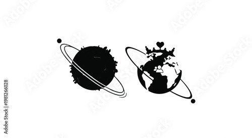 black silhouette planets with rings orbiting