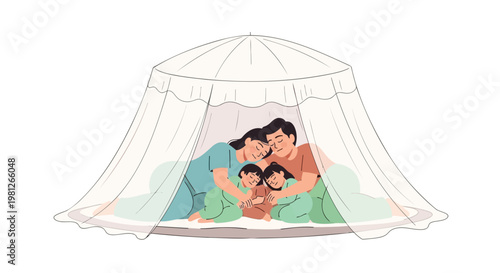 Family in mosquito net tent sleeping together