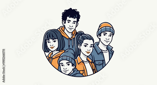 Diverse group of young people in a close-knit circular composition, smiling and looking forward