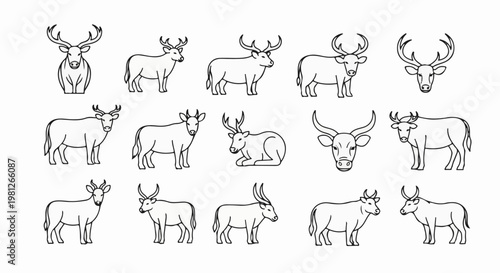 Diverse line art depictions of various horned mammals, from deer to bulls