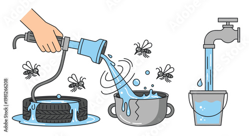 Person watering plants with a hose and pouring into a cup from a dirty air conditioner with flying insects around illustrating eco friendly water reuse and conservation methods