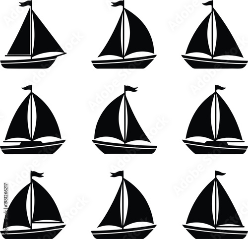 Black and white sailboat vector graphics in various designs and styles for illustration and decoration purposes always