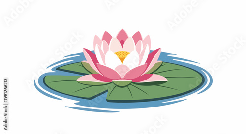 Delicate pink lotus flower with green lily pads on rippling blue water
