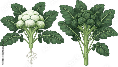 Cauliflower and Broccoli Vegetable Illustration Set with Detailed Leaves and Roots for Organic Food Design, Farming Graphics, Nutrition Education, and Botanical Vector Collection