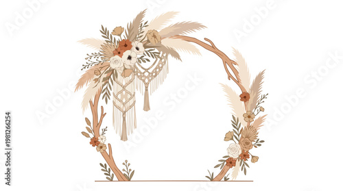 Bohemian wedding arch decorated with pampas grass, dried flowers, and macrame details for an outdoor ceremony