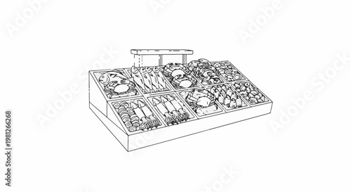 Diverse seafood displayed in chilled market bins ready for sale