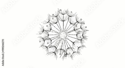 Delicate sketch of a dandelion seed head with fine lines and radiating structures