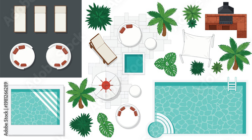 Flat vector top view tropical resort landscape set, swimming pool backyard layout with sunbeds umbrellas palm trees and deck, hotel vacation resort and garden design illustration