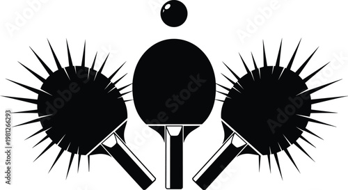 A graphic illustration showcases two ping pong paddles facing each other with a ball hovering above high quality professional detailed modern