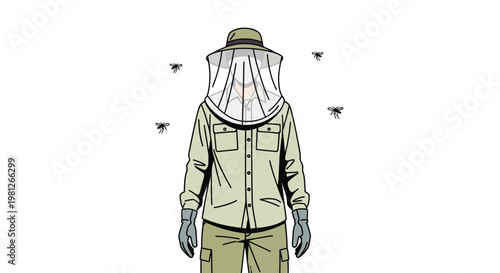 Beekeeper in protective clothing standing with bees flying around apiculture safety gear beekeeping suit and veil