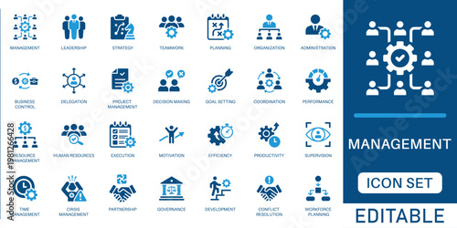 Management and leadership icon set. featuring business strategy, project planning, team coordination, and human resources in blue flat design.