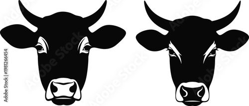 Two striking black and white illustrations depict the heads of longhorn cattle facing each other high quality professional detailed modern elegant