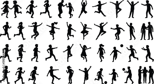 Vector graphic illustration of black silhouettes of children running, jumping, and playing sports