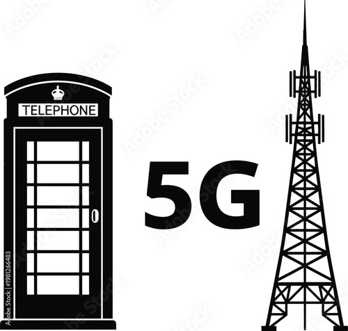 A black and white illustration depicts a british telephone booth a 5g logo and a communication tower high quality professional detailed