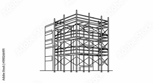 Detailed line drawing of a multi-story structure with extensive scaffolding