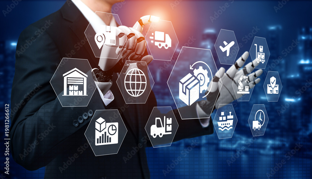 Fototapeta premium A business professional with robotic hands engages with digital icons, illustrating the intersection of technology and logistics in a modern urban setting. Ledger