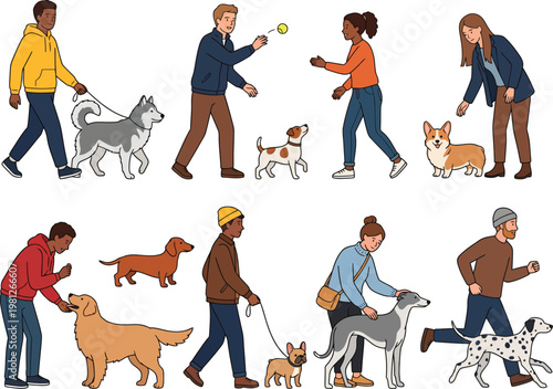 People walking dogs vector set, pet care characters holding leashes playing and training dogs, flat cartoon style illustration for veterinary pet shop dog walking service and animal care design